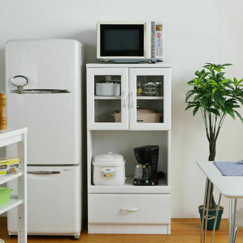 Range stand, cupboard, width 57cm, height 116cm, white, sliding shelf, with outlet, kitchen storage, design logo