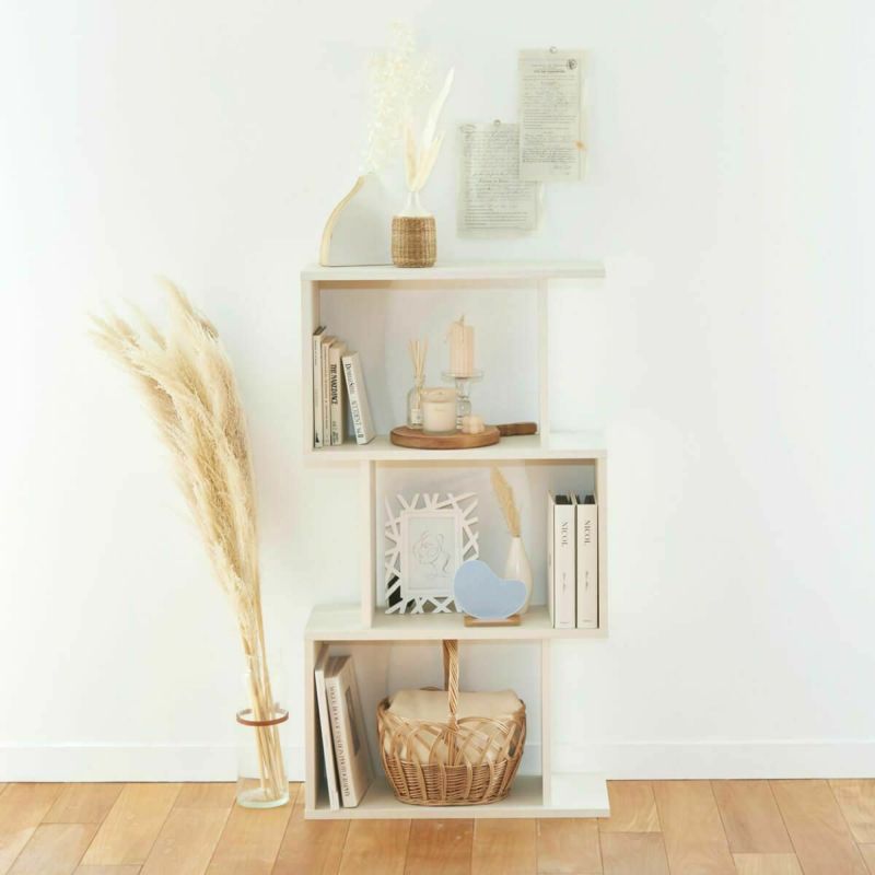 Display rack, shelf, width 60cm, height 108cm, white, white wood grain, S-shaped, decorative shelf, partition, back finished, shelf