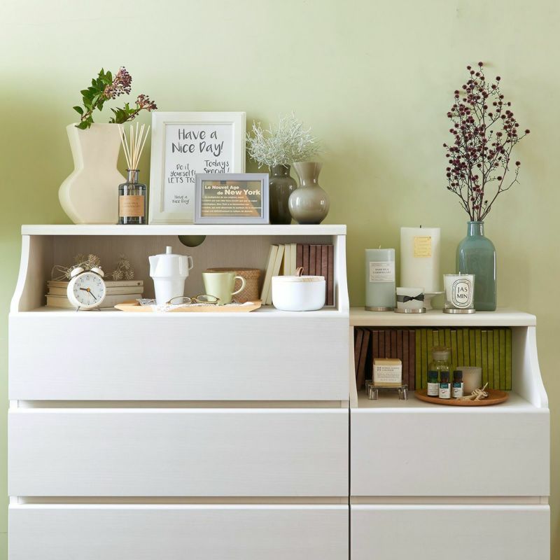 Chest of drawers, width 28cm, height 133cm, white, plain wood, with wiring holes, slim type, for clothing storage