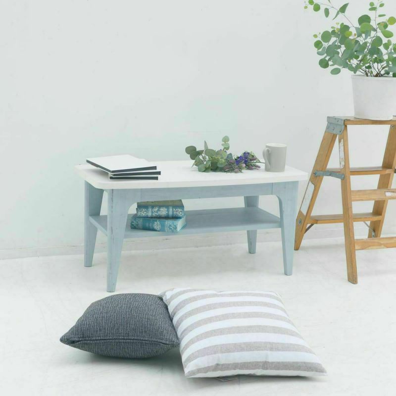 Low table, width 80cm, height 39cm, blue, white, white wood, French style, desk