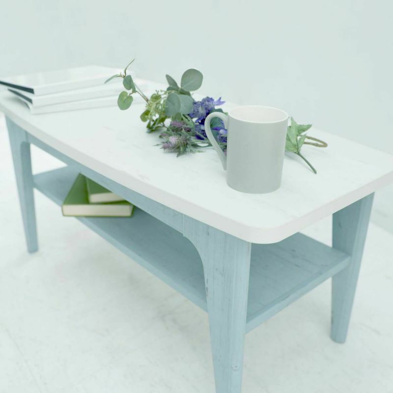 Low table, width 80cm, height 39cm, blue, white, white wood, French style, desk