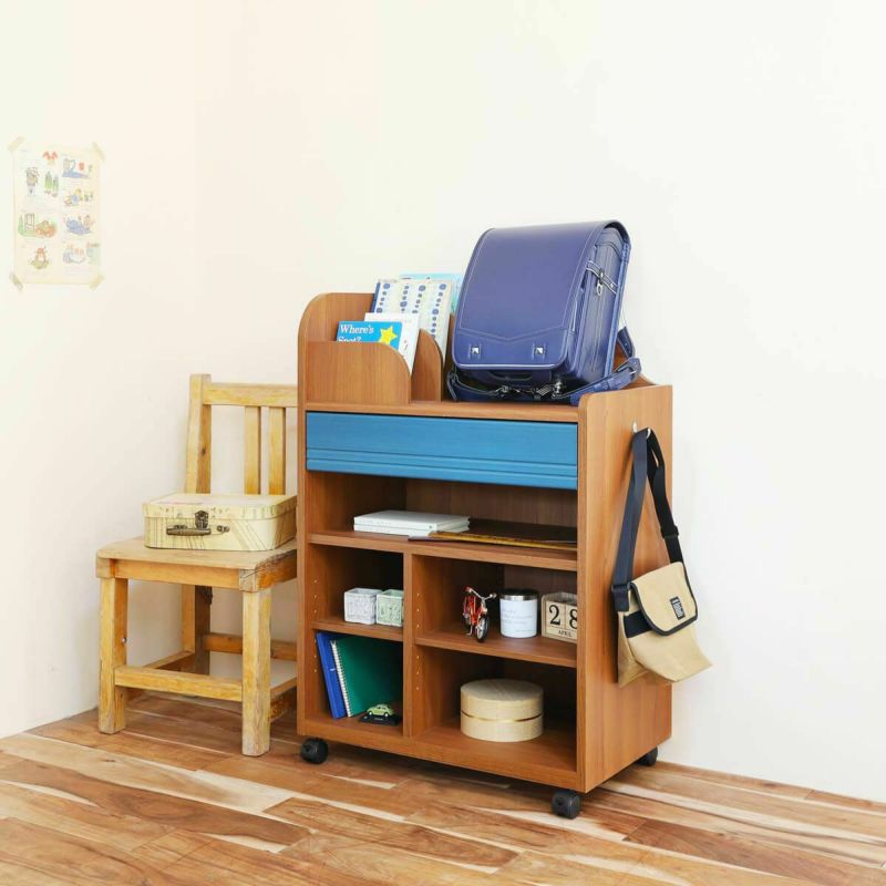 School bag rack, width 63cm, height 94cm, dark brown, blue, matches the color of school bags, school children, storage, with casters