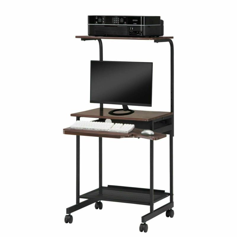 Computer desk, PC rack, width 60cm, height 112cm, dark brown, sliding shelf for keyboard and mouse, casters, outlet included