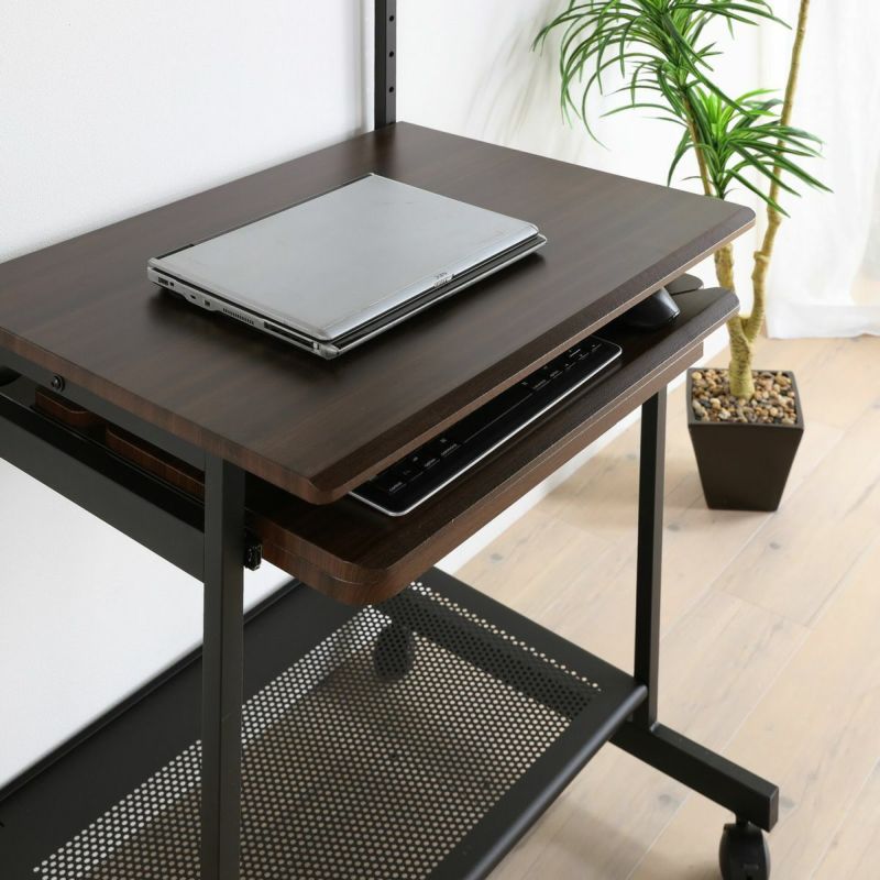 Computer desk, PC rack, width 60cm, height 112cm, dark brown, sliding shelf for keyboard and mouse, casters, outlet included