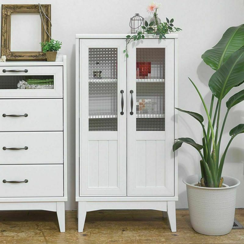 Cabinet shelf width 57cm height 109cm white patterned glass door retro handle cute foot