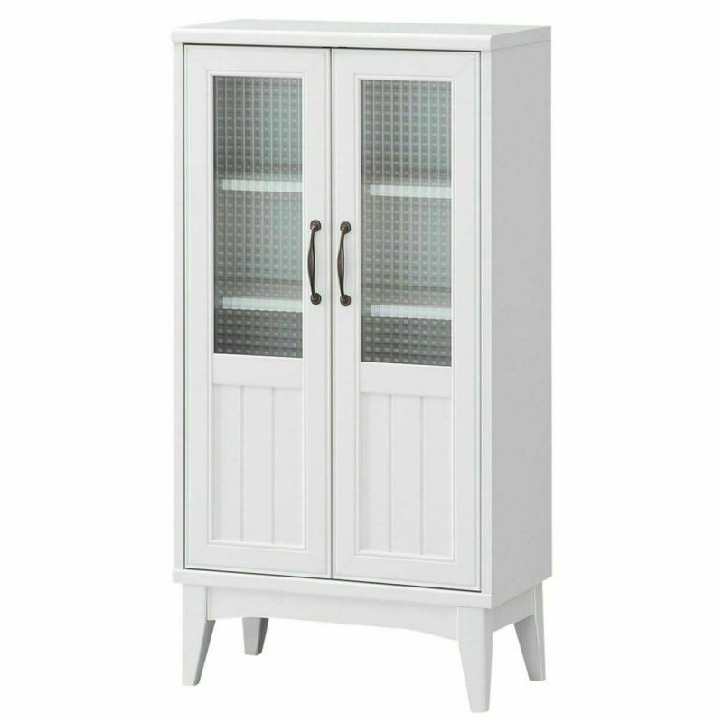 Cabinet shelf width 57cm height 109cm white patterned glass door retro handle cute foot