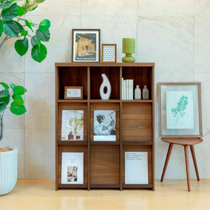 Display rack, width 95cm, height 123cm, dark brown, flap door, bookshelf, decorative shelf