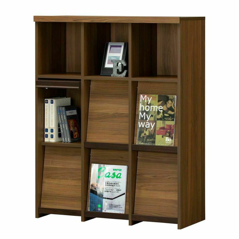 Display rack, width 95cm, height 123cm, dark brown, flap door, bookshelf, decorative shelf