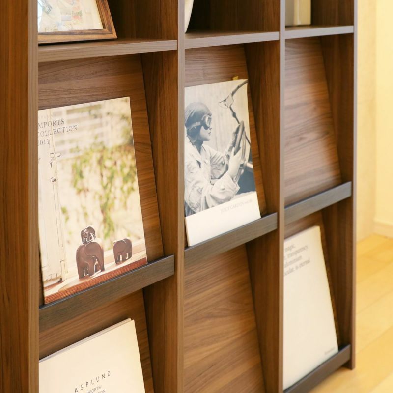 Display rack, width 95cm, height 123cm, dark brown, flap door, bookshelf, decorative shelf