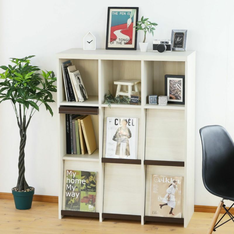 Display rack, width 95cm, height 123cm, white wood, flap door, bookshelf, decorative shelf