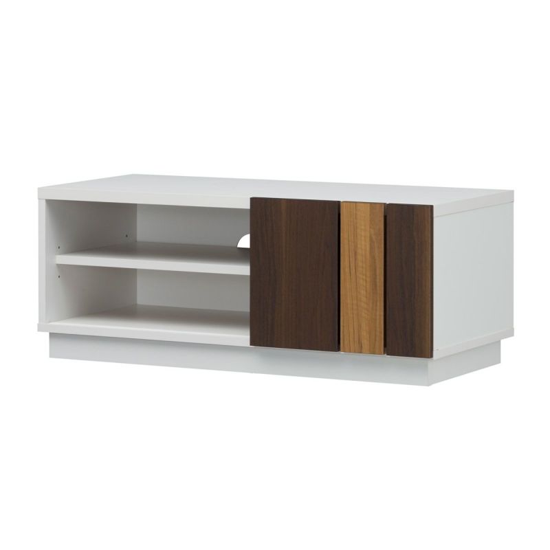 TV stand, width 90cm, height 35cm, white, 32V compatible, Scandinavian style, parquet-like sliding door, TV board