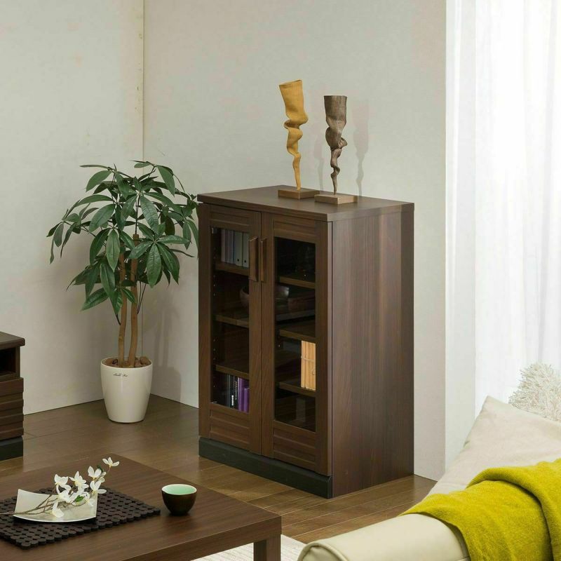 Cabinet shelf width 57cm height 86cm dark brown Japanese style storage shelf with glass door bookshelf