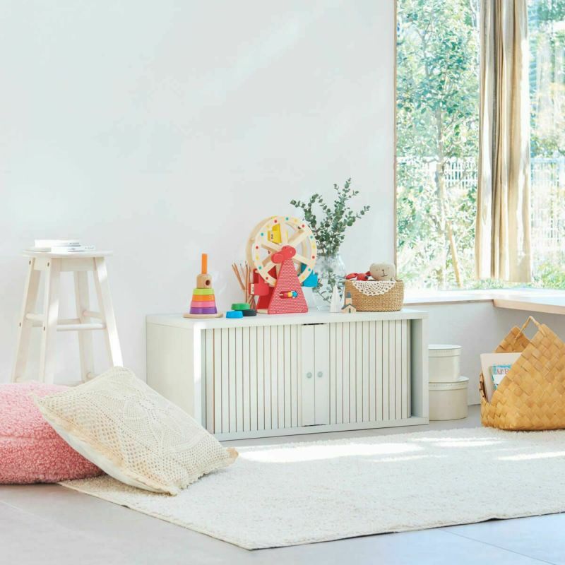 Kids' Cabinet Toy Box Width 91cm Height 38cm Ivory Gray Accordion Doors Children's Storage