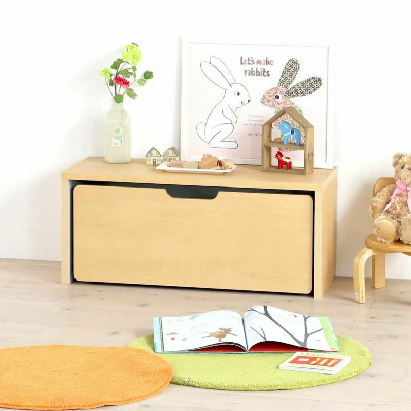 Toy box, trolley, width 91cm, height 38cm, natural brown, grey, with casters, for children, storage