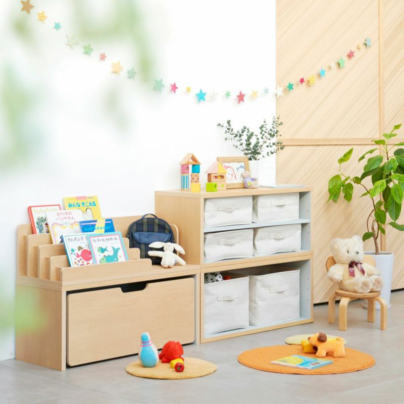 Toy box, trolley, width 91cm, height 38cm, natural brown, grey, with casters, for children, storage