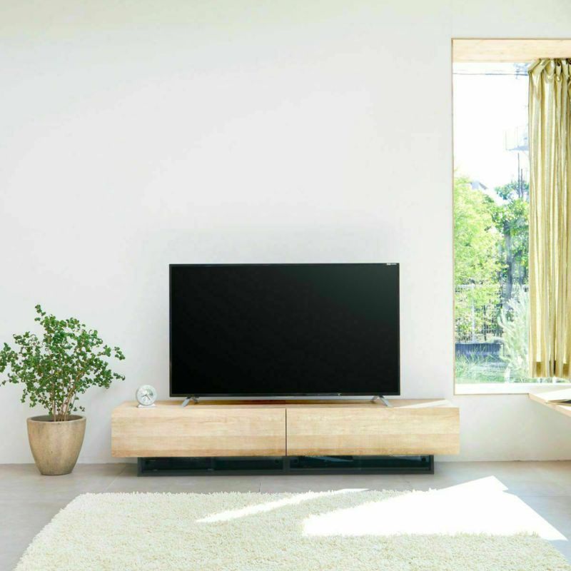 TV stand, width 180cm, height 36cm, natural brown, 75V compatible, lowboard with a wooden feel