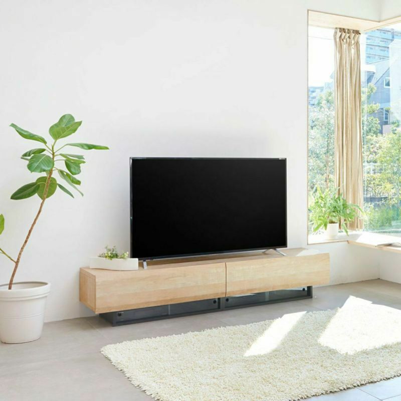 TV stand, width 180cm, height 36cm, natural brown, 75V compatible, lowboard with a wooden feel