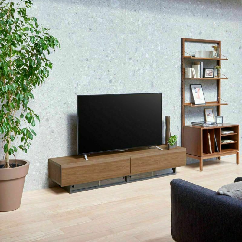 TV stand, width 180cm, height 36cm, dark brown, fits 75-inch TV, lowboard with a wooden feel