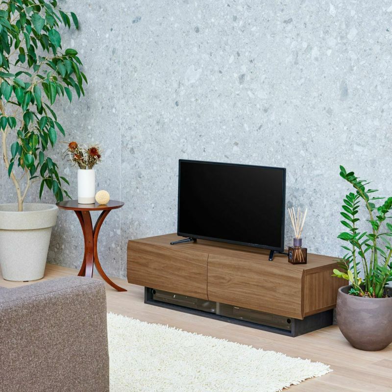 TV stand, width 120cm, height 36cm, dark brown, 50V compatible, lowboard with a wooden feel