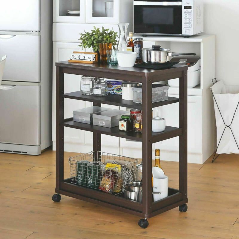 Kitchen cart, 3 shelves, width 74cm, height 85cm, dark brown, melamine top, casters, kitchen storage