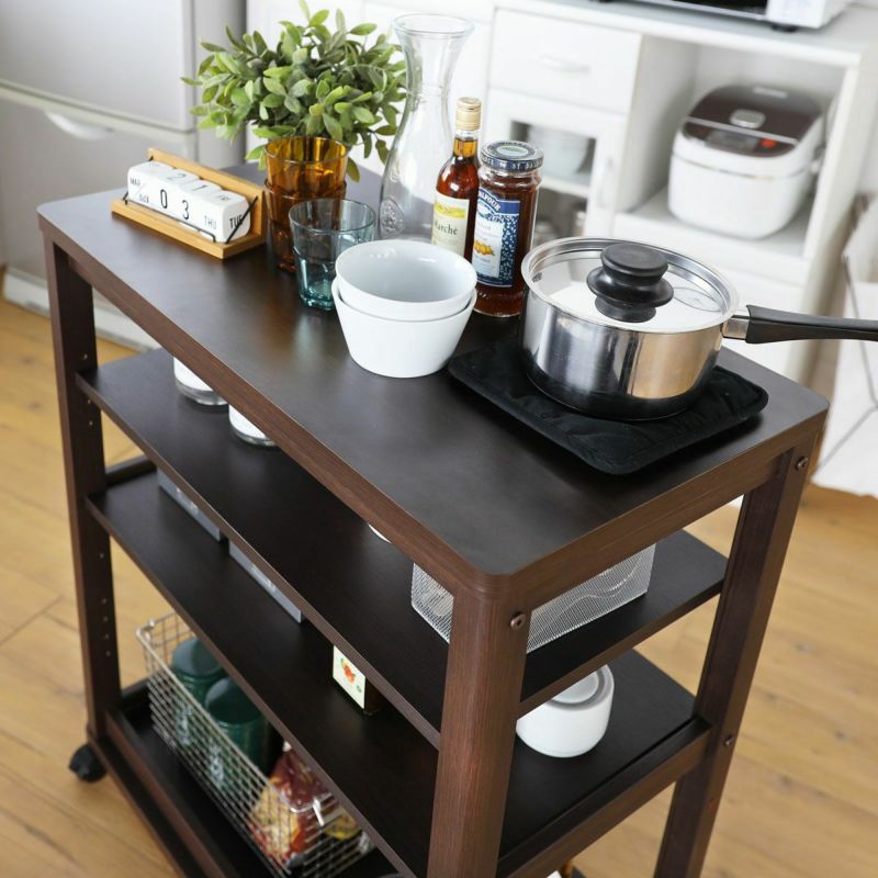 Kitchen cart, 3 shelves, width 74cm, height 85cm, dark brown, melamine top, casters, kitchen storage