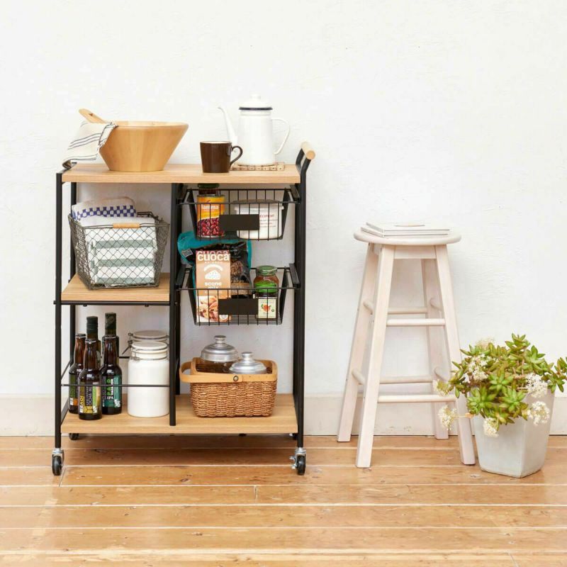 Kitchen cart, width 70cm, height 85cm, natural brown, basket, with casters, kitchen storage