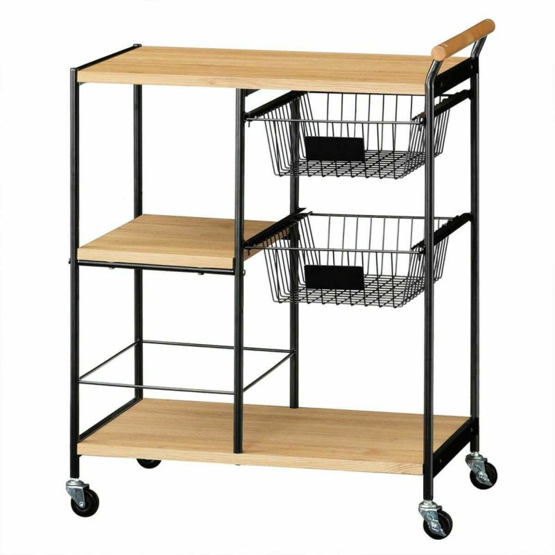 Kitchen cart, width 70cm, height 85cm, natural brown, basket, with casters, kitchen storage