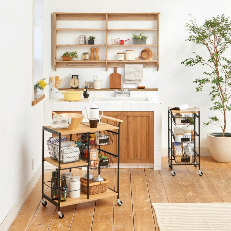 Kitchen cart, width 70cm, height 85cm, natural brown, basket, with casters, kitchen storage