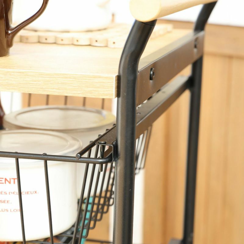 Kitchen cart, width 70cm, height 85cm, natural brown, basket, with casters, kitchen storage