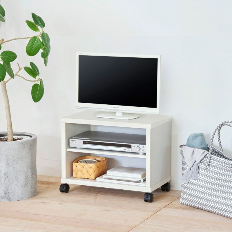 TV stand, width 51cm, height 40cm, white, white wood, 19-inch TV compatible, with casters, with decorative back, TV board