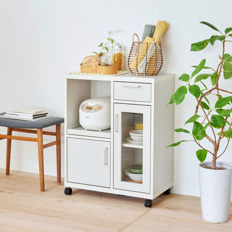 Counter Wagon, Cupboard, Width 64cm, Height 80cm, White, White Wood Grain, Sliding Shelf, Casters, Back Finish, Kitchen