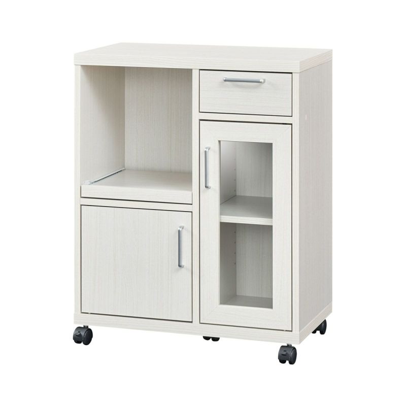 Counter Wagon, Cupboard, Width 64cm, Height 80cm, White, White Wood Grain, Sliding Shelf, Casters, Back Finish, Kitchen