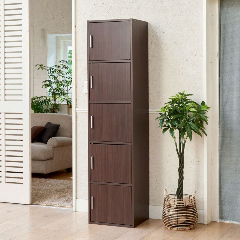 Storage shelf rack width 43cm height 180cm dark brown with doors, organizing shelf, 5 doors