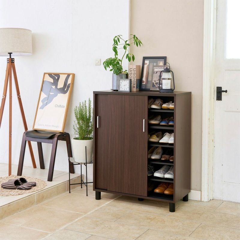 Shoe cabinet, shoe box, width 81cm, height 99cm, dark brown, sliding door, holds approximately 24 pairs of shoes, shoe cabinet, entryway storage