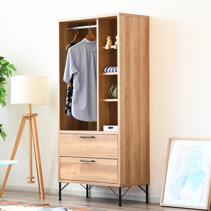 A stylish hanger rack with a wood grain and steel design