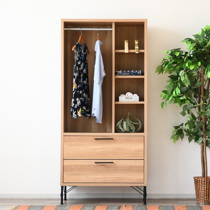 A stylish hanger rack with a wood grain and steel design