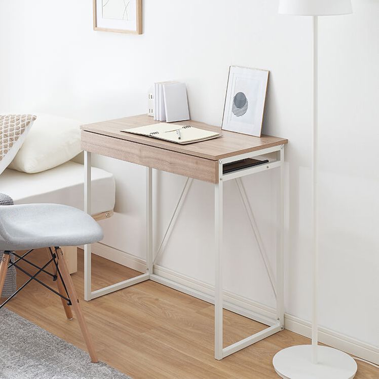 Compact desk with storage, wood grain, steel legs