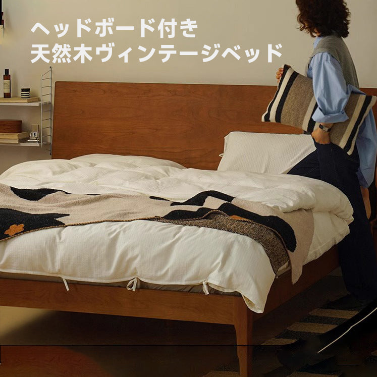 ヘッドボード付き天然木ヴィンテージベッド