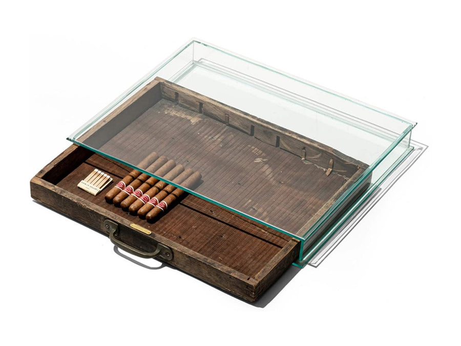 GLASS DISPLAY CASE WITH VINTAGE DRAWER