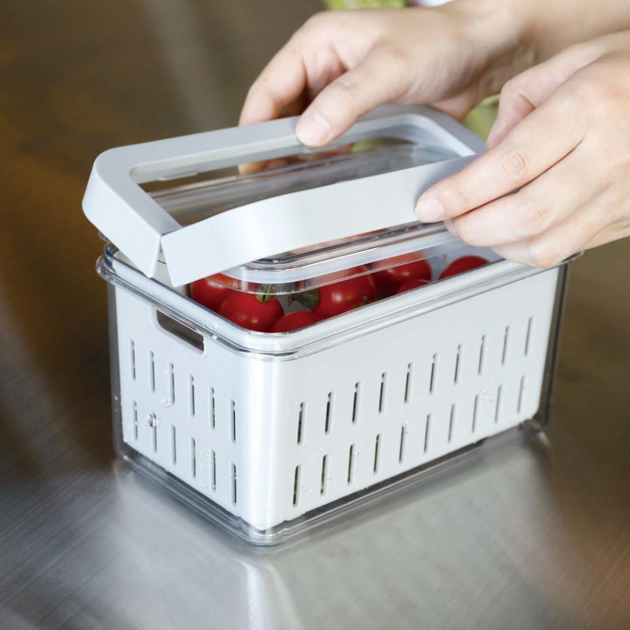 Vegetable-friendly storage container with colander, 2L
