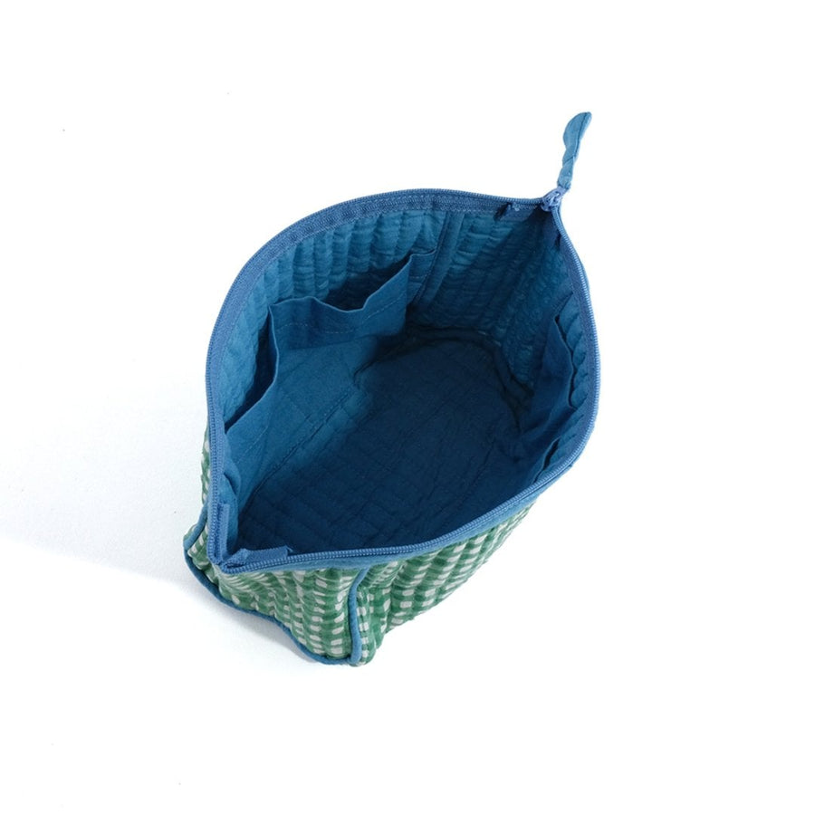 A block-printed gingham check pouch that makes it easy to see inside