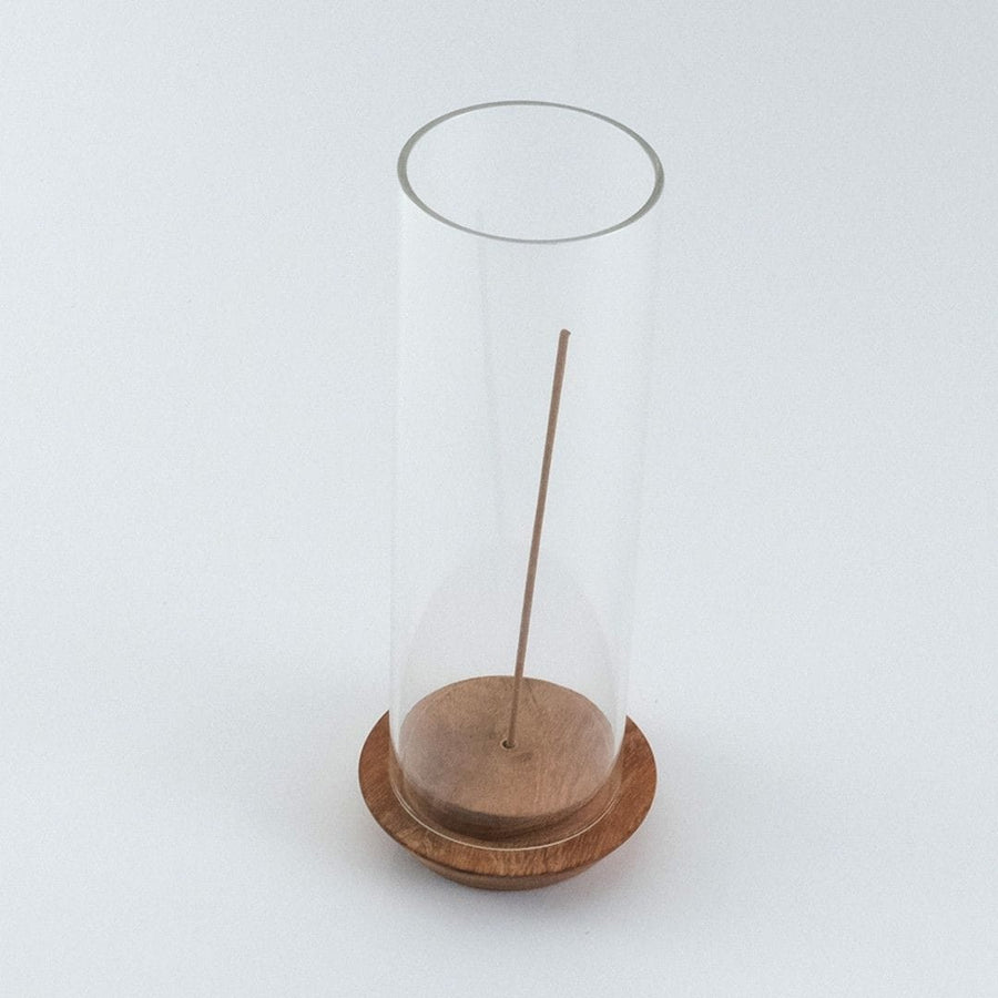 Acacia incense holder with glass cover to prevent ash from scattering