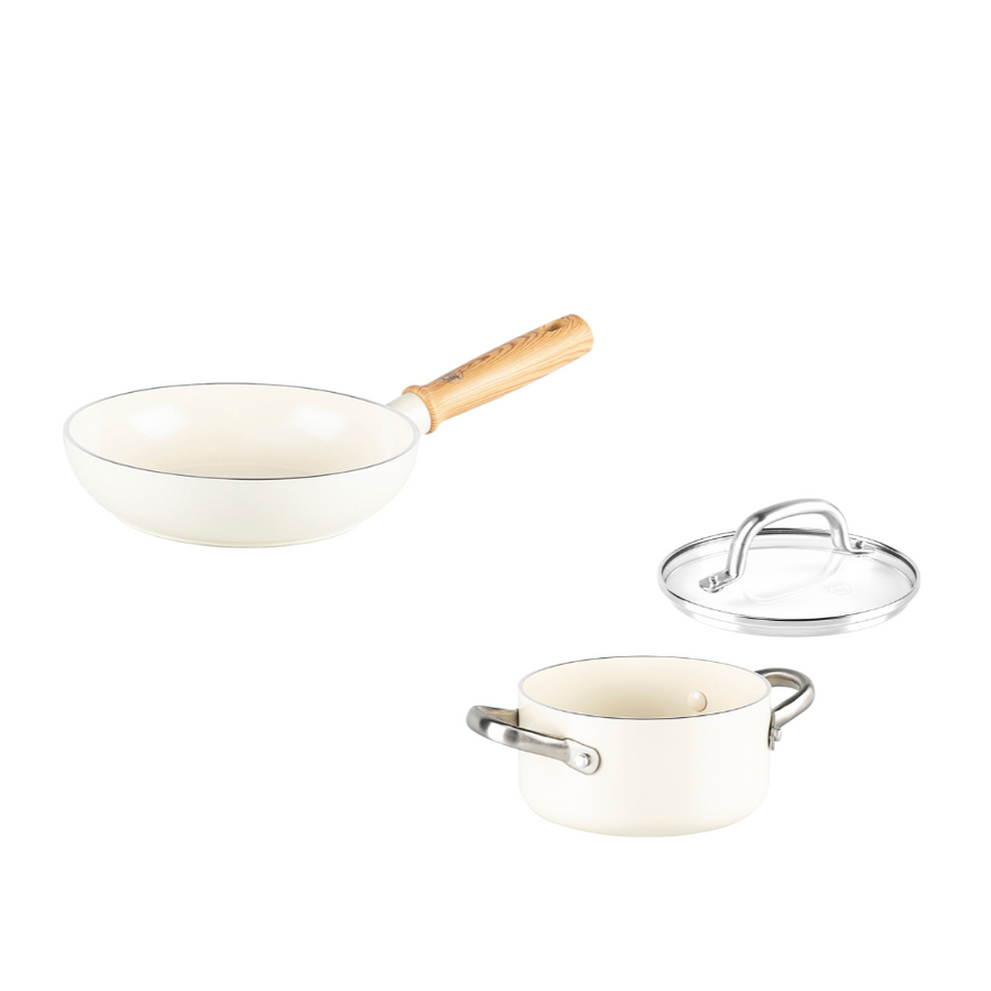 Green Chef Vintage White Frying Pan &amp; Casserole 3-Piece Set, Induction/Gas Compatible