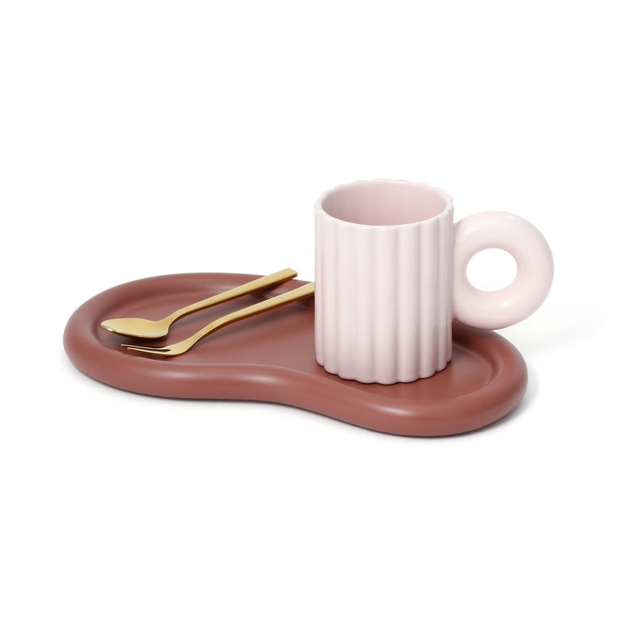 Potte Plate &amp; Mug with Cutlery Set Pink x Brown