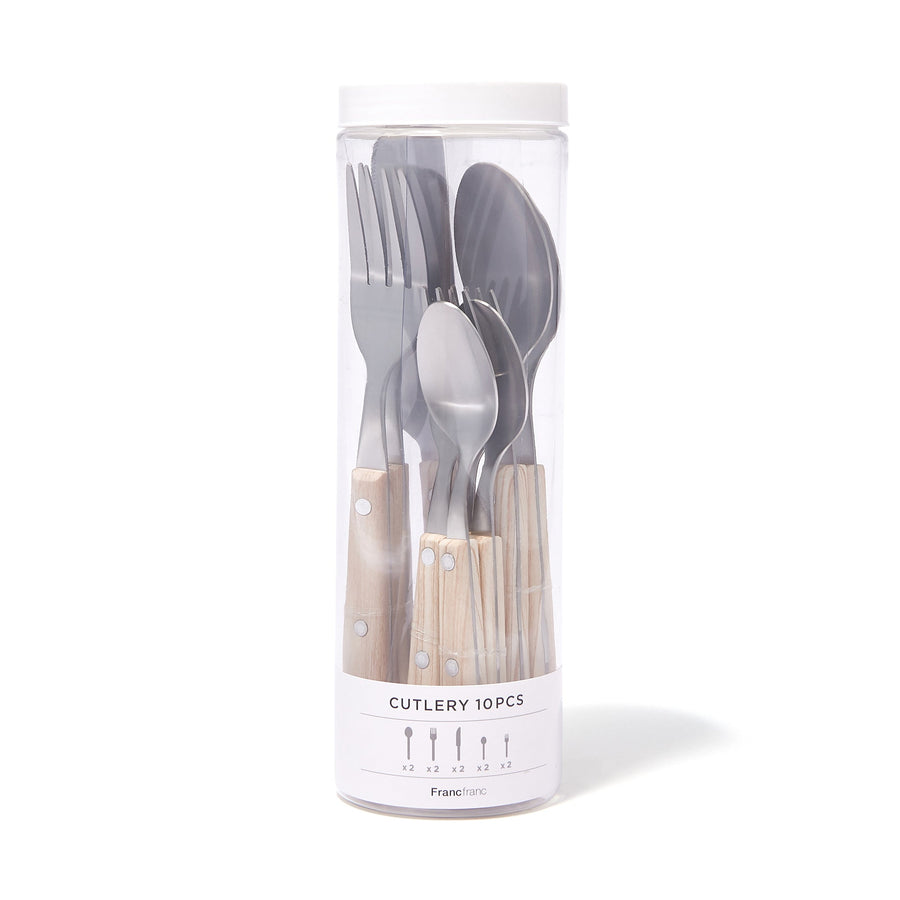 Cutlery 10-piece set, wood pattern, white