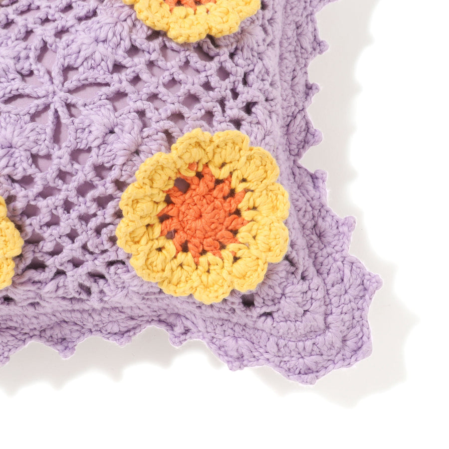 クロシェ フラワー クッションカバー 400×250 パープル×イエロー（C-085）