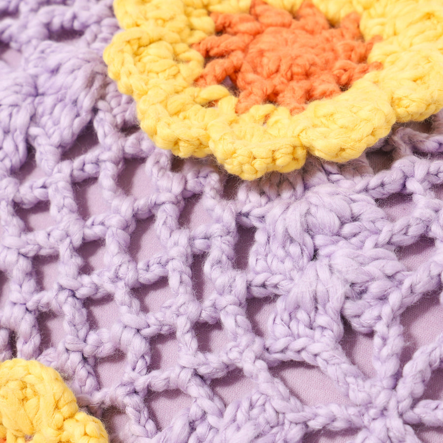 クロシェ フラワー クッションカバー 400×250 パープル×イエロー（C-085）