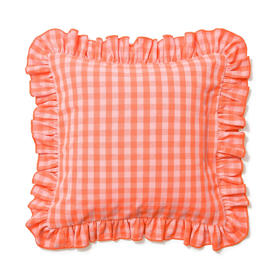 フリルチェック クッションカバー 45×45 オレンジ（C-089）