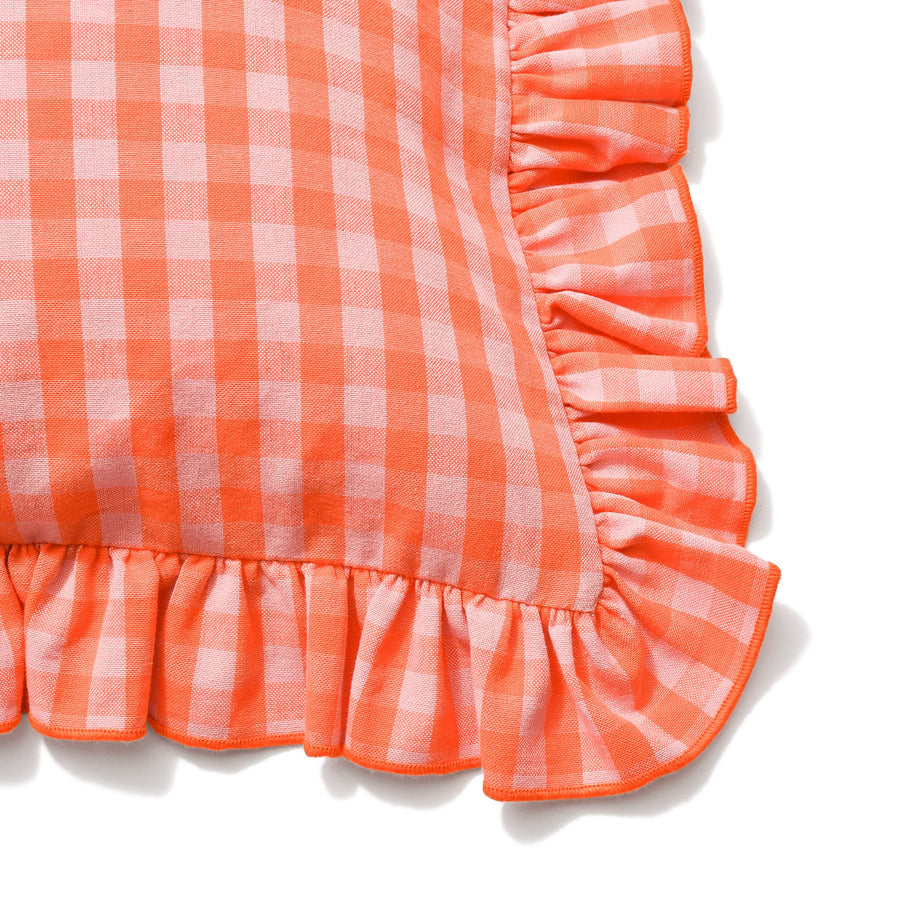 フリルチェック クッションカバー 45×45 オレンジ（C-089）