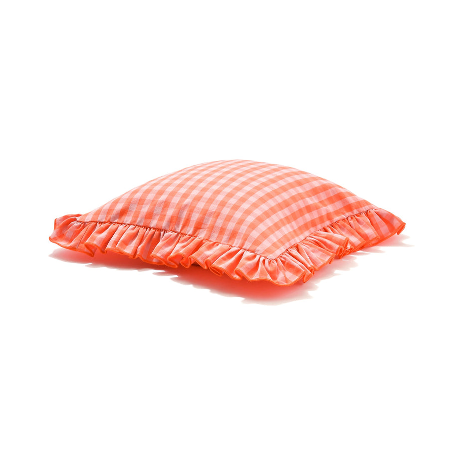 フリルチェック クッションカバー 45×45 オレンジ（C-089）
